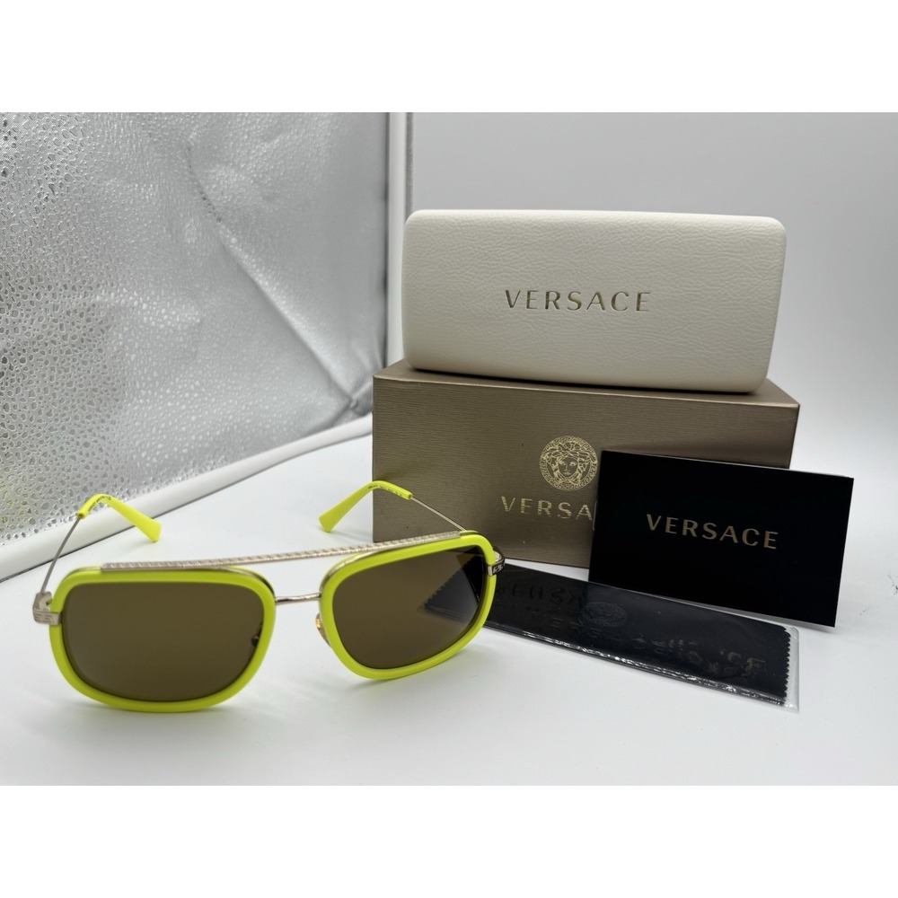 Versace Sunglasses Neon Yellow Metal Frame Brown Lenses +‎ DIFF Case